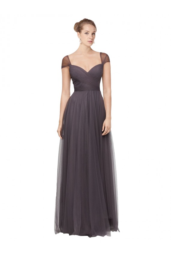 Pewter Trapèze Tulle Longue Robes demoiselle d'honneur Pas Cher