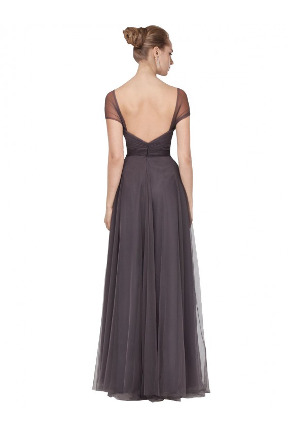 Pewter Trapèze Tulle Longue Robes demoiselle d'honneur Pas Cher