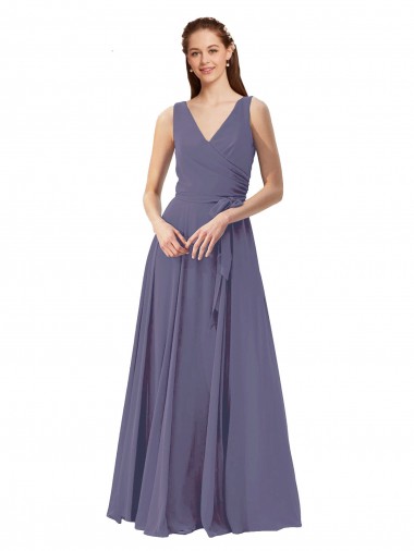 Pierre d'argent Trapèze Col V Mousseline Longue Robes demoiselle d'honneur Pas Cher