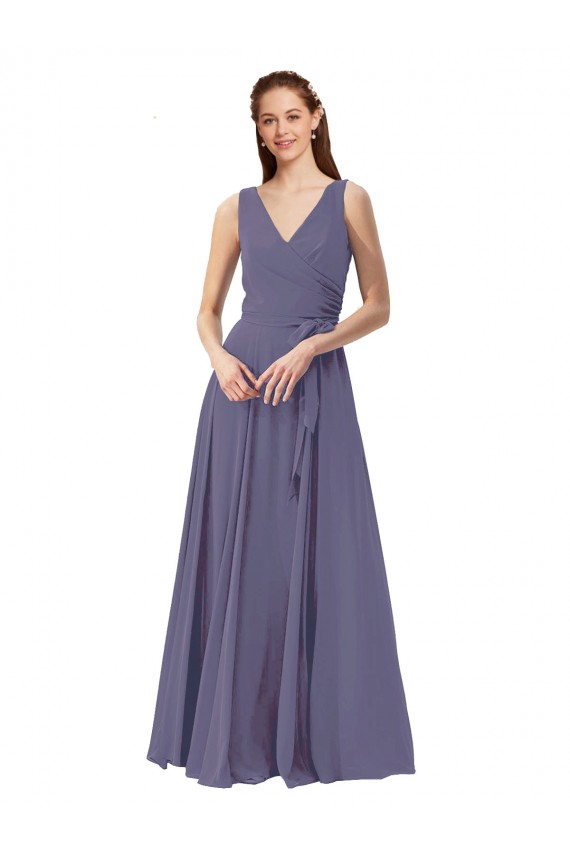 Pierre d'argent Trapèze Col V Mousseline Longue Robes demoiselle d'honneur Pas Cher