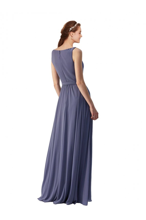 Pierre d'argent Trapèze Col V Mousseline Longue Robes demoiselle d'honneur Pas Cher