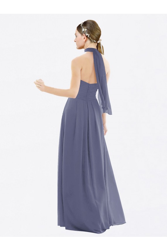 Pierre d'argent Trapèze Licou Mousseline Longue Robes demoiselle d'honneur Pas Cher