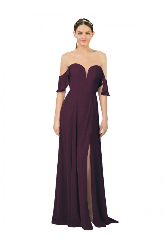 Pourpre Fourreau Mousseline Longue Robes demoiselle d'honneur Pas Cher