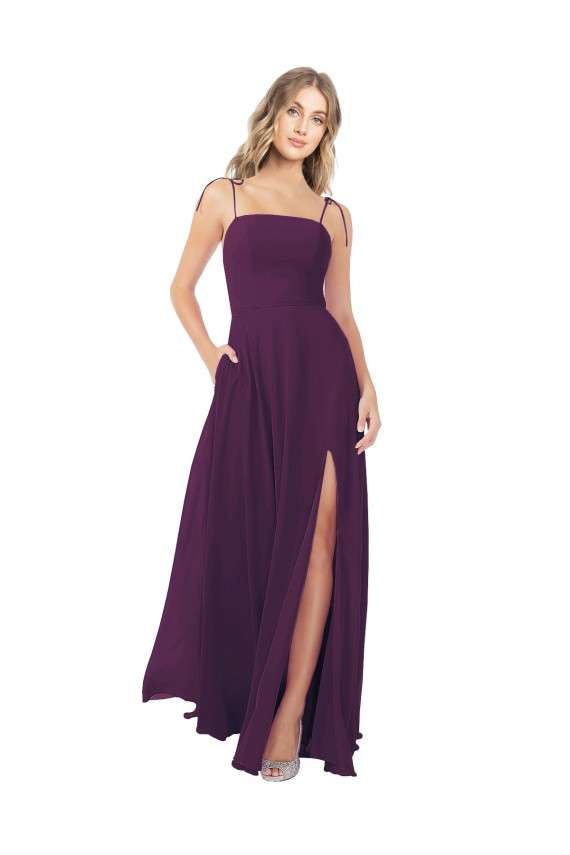 Pourpre Trapèze Bretelles spaghetti Sans bretelle Mousseline Longue Robes demoiselle d'honneur Pas Cher