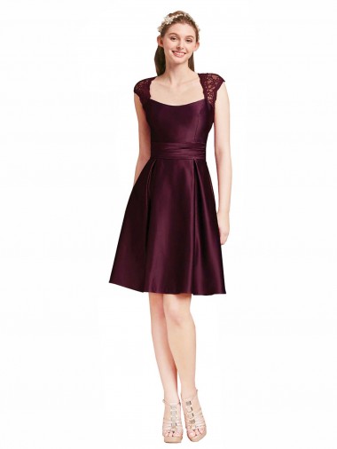 Pourpre Trapèze Col Carré Satiné Dentelle Courte Robes demoiselle d'honneur / Robes de cocktail Pas Cher