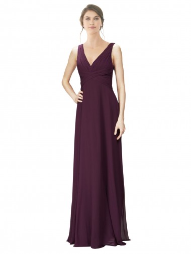 Pourpre Trapèze Col V Mousseline Dentelle Longue Robes demoiselle d'honneur Pas Cher