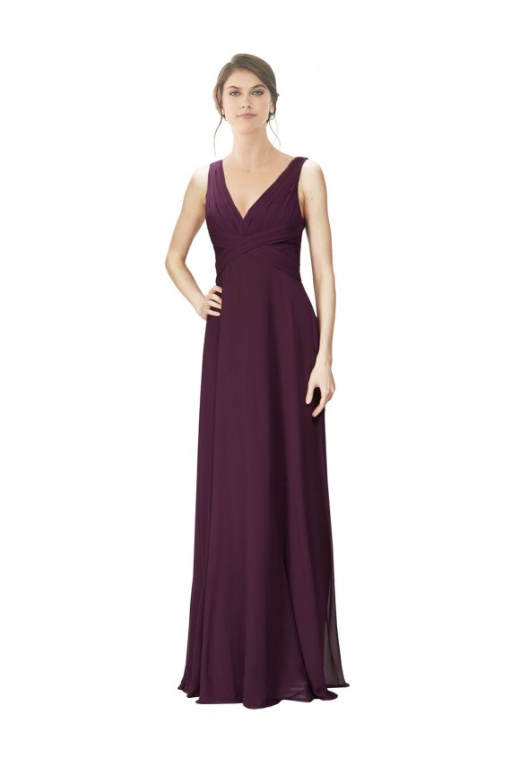 Pourpre Trapèze Col V Mousseline Dentelle Longue Robes demoiselle d'honneur Pas Cher
