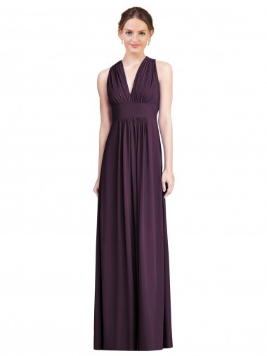 Pourpre Trapèze Col V Mousseline Longue Robes demoiselle d'honneur Pas Cher