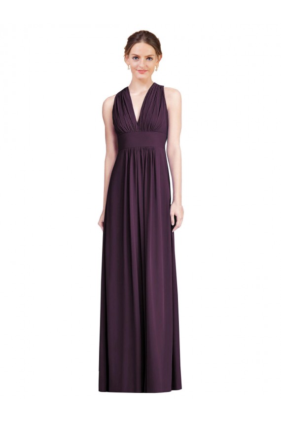 Pourpre Trapèze Col V Mousseline Longue Robes demoiselle d'honneur Pas Cher