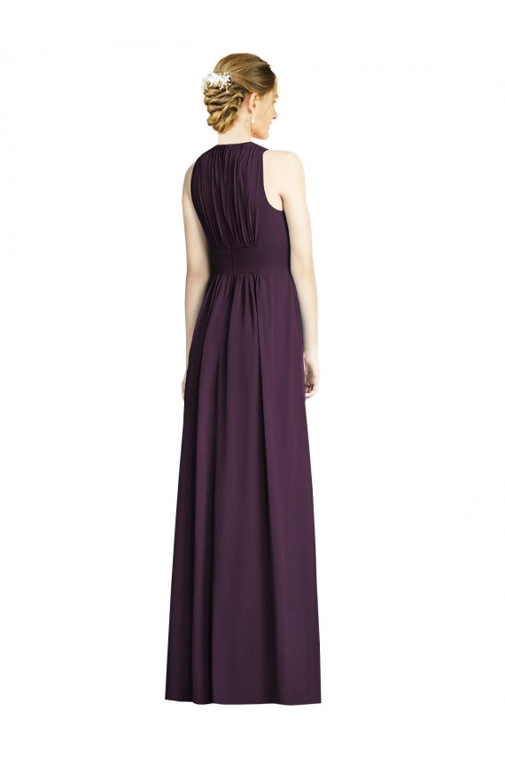Pourpre Trapèze Col V Mousseline Longue Robes demoiselle d'honneur Pas Cher