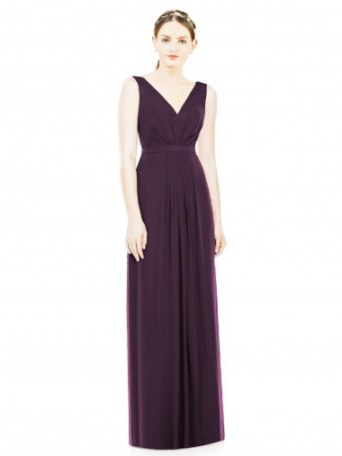 Pourpre Trapèze Col V Mousseline Longue Robes demoiselle d'honneur Pas Cher