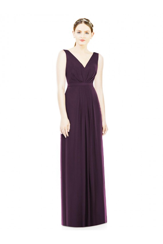 Pourpre Trapèze Col V Mousseline Longue Robes demoiselle d'honneur Pas Cher