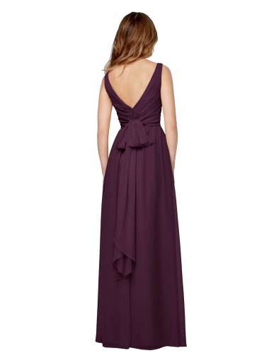 Pourpre Trapèze Col V Mousseline Longue Robes demoiselle d'honneur