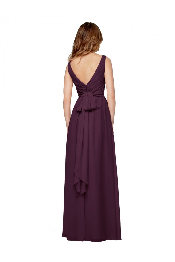 Pourpre Trapèze Col V Mousseline Longue Robes demoiselle d'honneur Pas Cher