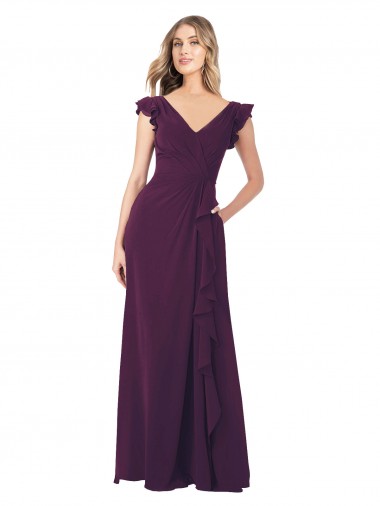 Pourpre Trapèze Col V Mousseline Longue Robes demoiselle d'honneur Pas Cher