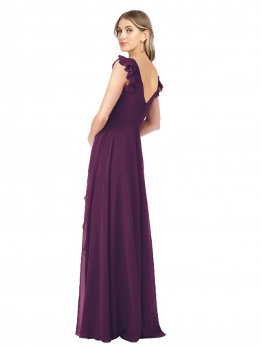 Pourpre Trapèze Col V Mousseline Longue Robes demoiselle d'honneur