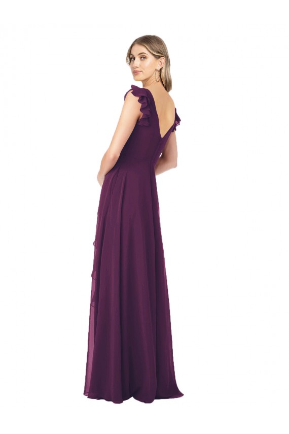 Pourpre Trapèze Col V Mousseline Longue Robes demoiselle d'honneur Pas Cher