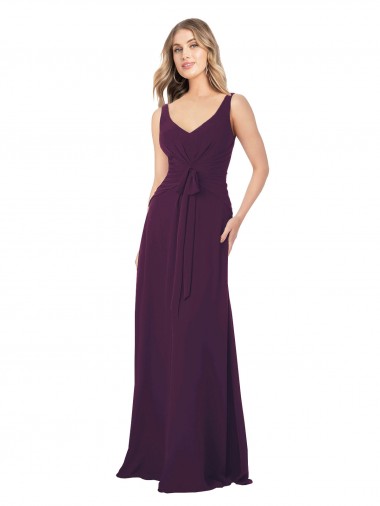 Pourpre Trapèze Col V Mousseline Longue Robes demoiselle d'honneur Pas Cher