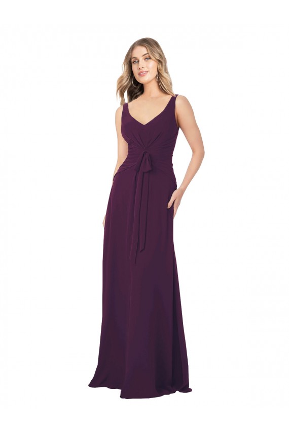 Pourpre Trapèze Col V Mousseline Longue Robes demoiselle d'honneur Pas Cher