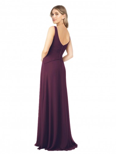 Pourpre Trapèze Col V Mousseline Longue Robes demoiselle d'honneur
