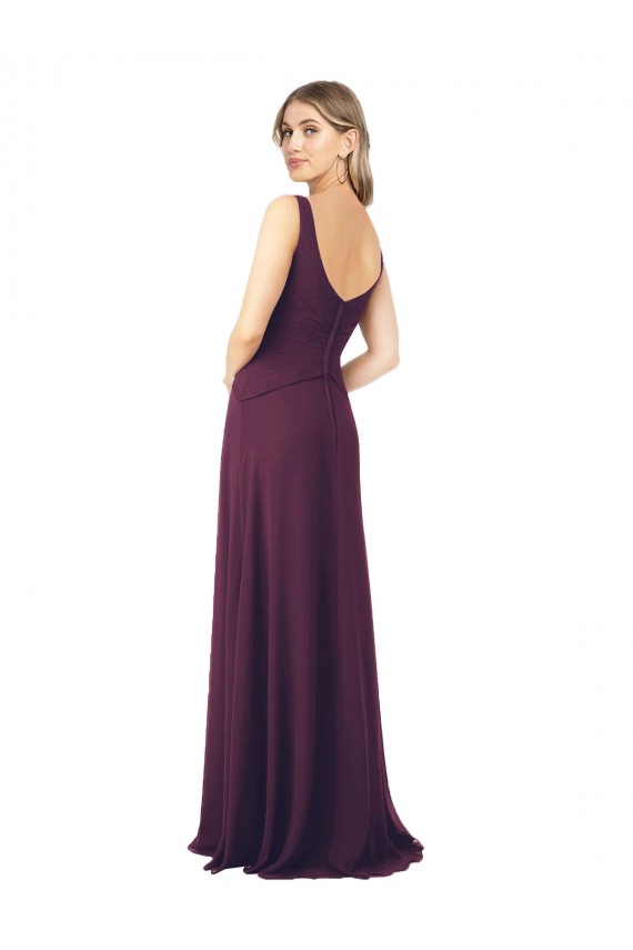 Pourpre Trapèze Col V Mousseline Longue Robes demoiselle d'honneur Pas Cher