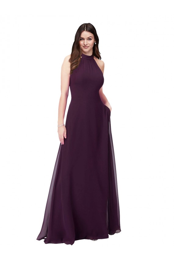 Pourpre Trapèze Licou Col Haut Mousseline Longue Robes demoiselle d'honneur Pas Cher