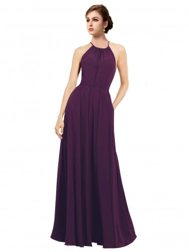 Pourpre Trapèze Licou Mousseline Longue Robes demoiselle d'honneur Pas Cher