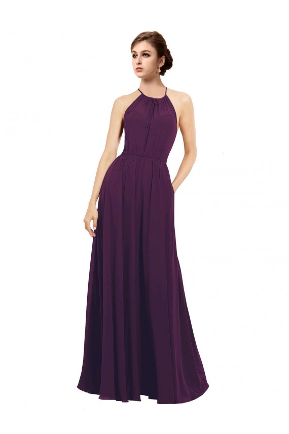 Pourpre Trapèze Licou Mousseline Longue Robes demoiselle d'honneur Pas Cher