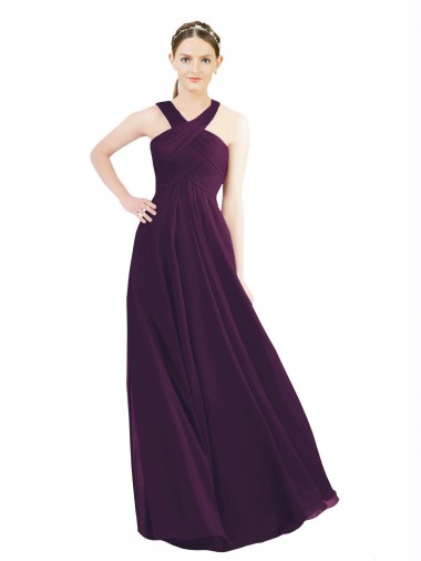 Pourpre Trapèze Licou Mousseline Longue Robes demoiselle d'honneur Pas Cher