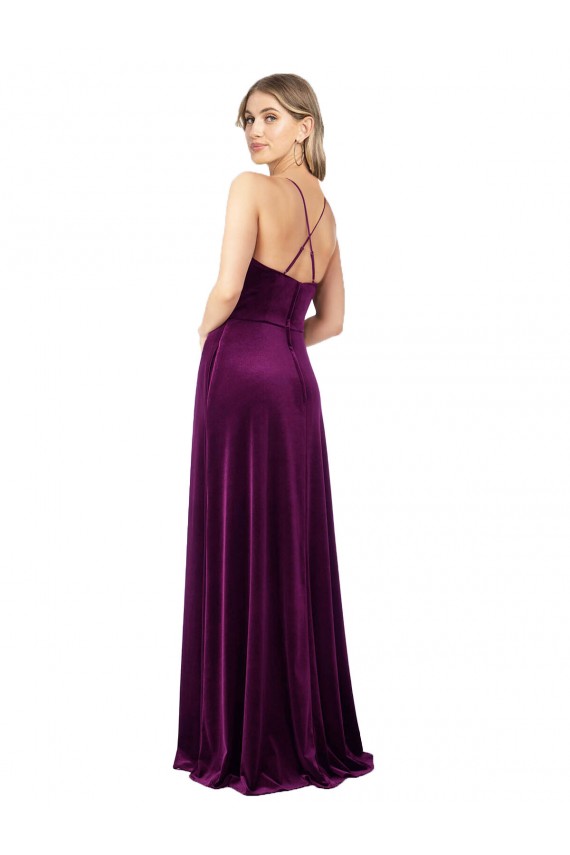 Pourpre Trapèze Scoop Col V Velours Stretch Longue Formelles Robes demoiselle d'honneur / Robes de soirée / Robes de bal Pas Cher