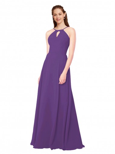 Prune Fourreau Col Haut Mousseline Longue Robes demoiselle d'honneur Pas Cher