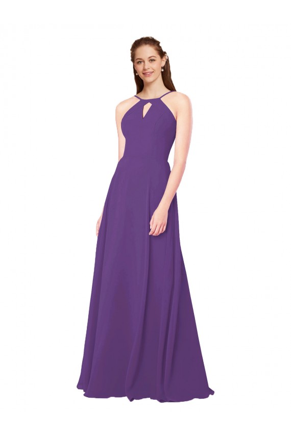 Prune Fourreau Col Haut Mousseline Longue Robes demoiselle d'honneur Pas Cher