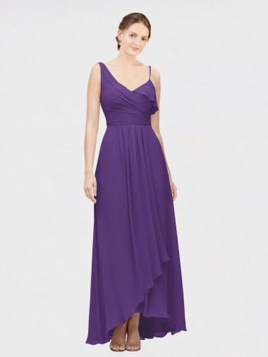 Prune Trapèze Col V Mousseline Longue Asymétrique Robes demoiselle d'honneur Pas Cher