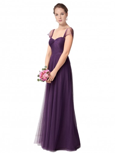 Prune Trapèze Tulle Longue Robes demoiselle d'honneur Pas Cher