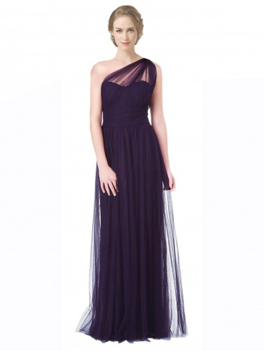 Prune Trapèze Tulle Longue Robes demoiselle d'honneur Pas Cher