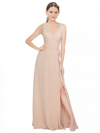 Rose 114 Trapèze Col V Mousseline Longue Robes demoiselle d'honneur Pas Cher