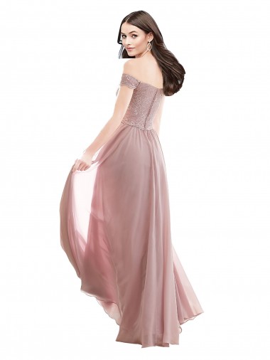 Rose 147 Trapèze Épaule Dénudée Mousseline Dentelle Longue Robes demoiselle d'honneur