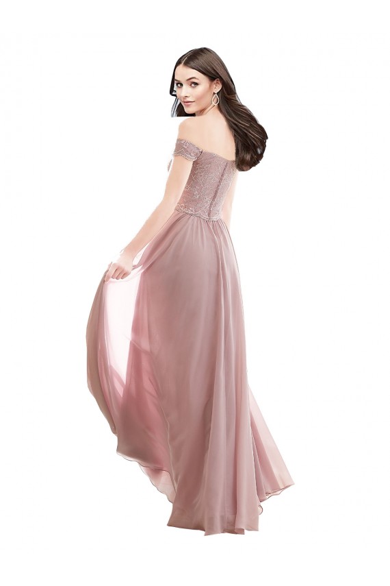 Rose 147 Trapèze Épaule Dénudée Mousseline Dentelle Longue Robes demoiselle d'honneur Pas Cher