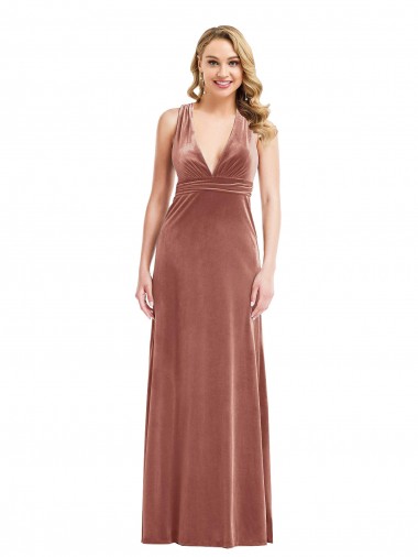 Rose Cannelle Trapèze Col V Velours Stretch Longue Formelles Robes demoiselle d'honneur / Robes de soirée / Robes de bal Pas Cher