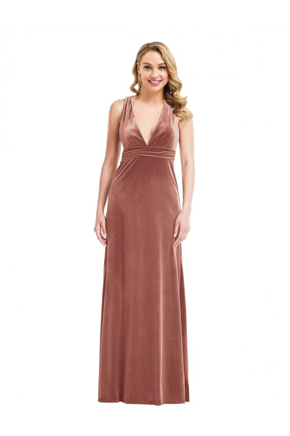 Rose Cannelle Trapèze Col V Velours Stretch Longue Formelles Robes demoiselle d'honneur / Robes de soirée / Robes de bal Pas Cher