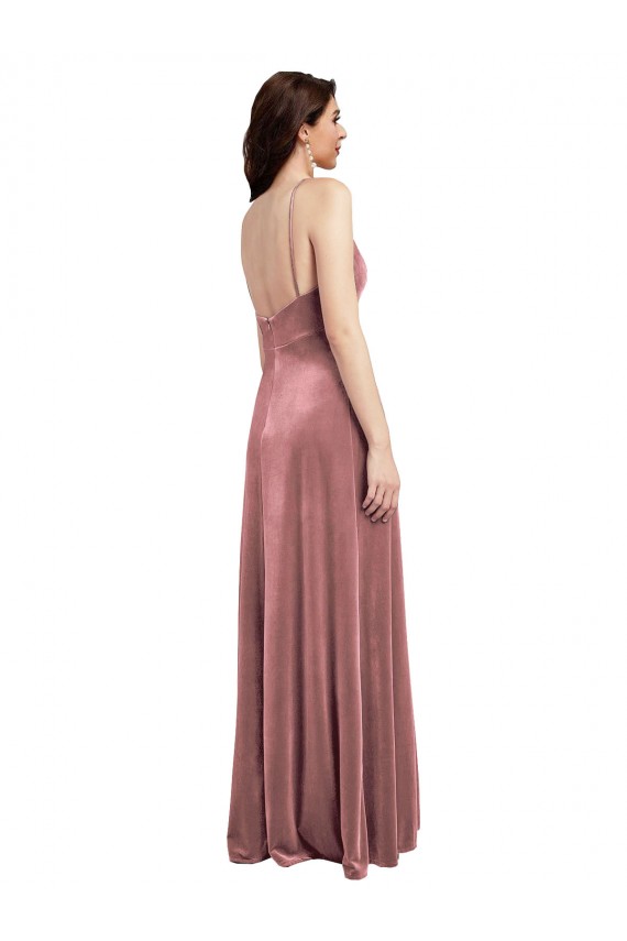 Rose Cannelle Trapèze Col V Velours Stretch Longue Formelles Robes demoiselle d'honneur / Robes de soirée / Robes de bal Pas Cher