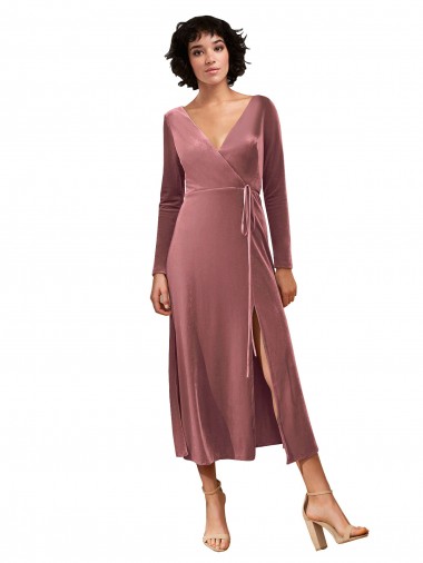 Rose Cannelle Trapèze Col V midi Velours Stretch Courte Robes demoiselle d'honneur / Robes de bal Pas Cher