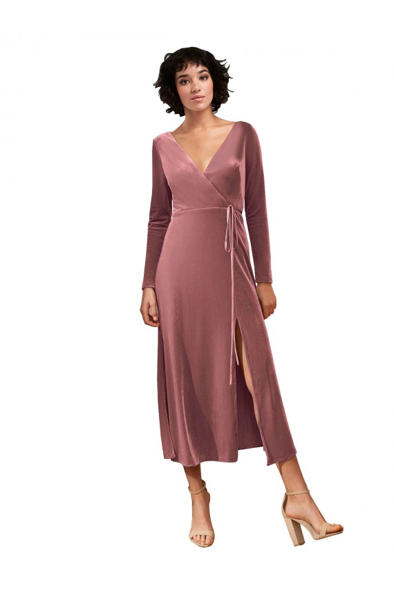 Rose Cannelle Trapèze Col V midi Velours Stretch Courte Robes demoiselle d'honneur / Robes de bal Pas Cher