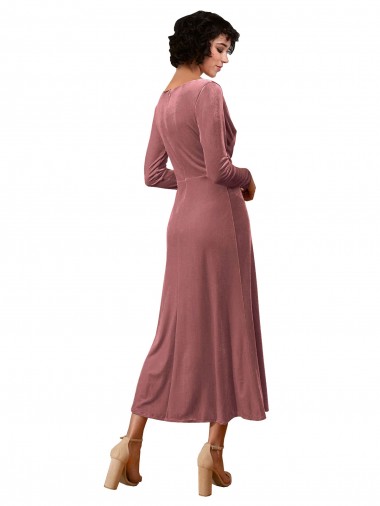 Rose Cannelle Trapèze Col V midi Velours Stretch Courte Robes demoiselle d'honneur / Robes de bal