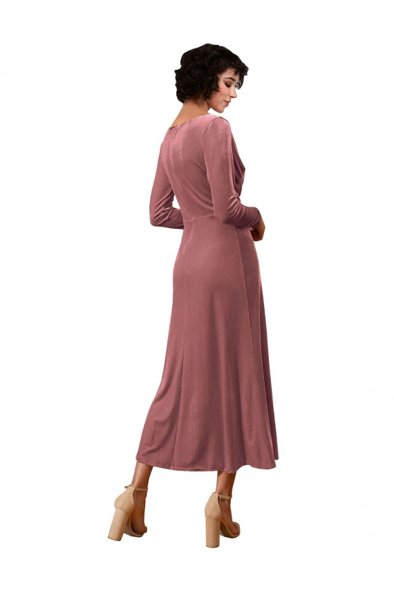 Rose Cannelle Trapèze Col V midi Velours Stretch Courte Robes demoiselle d'honneur / Robes de bal Pas Cher