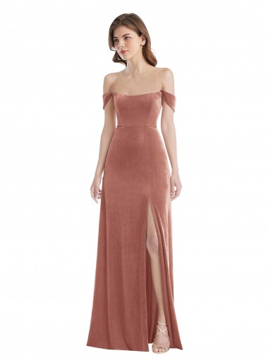 Rose Cannelle Trapèze Épaule Dénudée Velours Stretch Longue Robes demoiselle d'honneur / Robes de bal Pas Cher