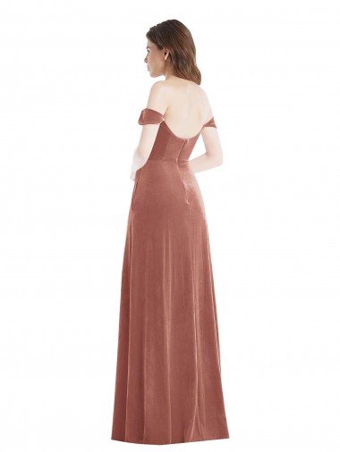 Rose Cannelle Trapèze Épaule Dénudée Velours Stretch Longue Robes demoiselle d'honneur / Robes de bal