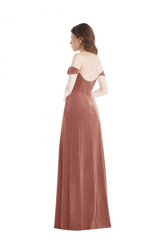 Rose Cannelle Trapèze Épaule Dénudée Velours Stretch Longue Robes demoiselle d'honneur / Robes de bal Pas Cher