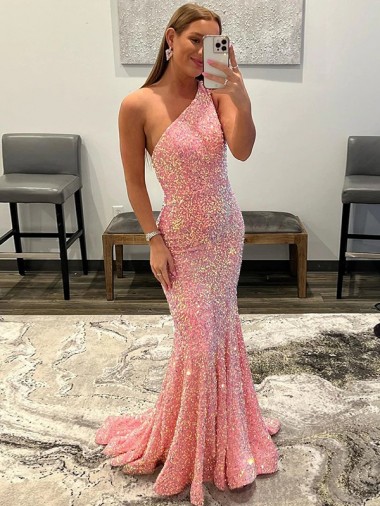 Rose Fourreau Balayage train Paillettes Velours Longue Robes de bal Pas Cher