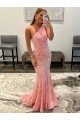 Rose Fourreau Balayage train Paillettes Velours Longue Robes de bal Pas Cher